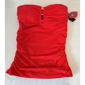 Carmen Marc Valvo Tankini Top Women's M Coral Bandeau Back-Tie‎ Ruche Sides (f1)